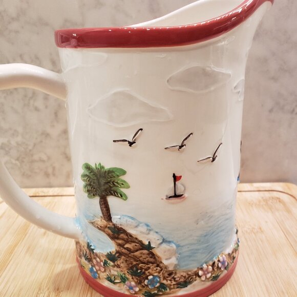 Ocean, beach, lighthouse, summer red and white pitcher - Picture 3 of 6